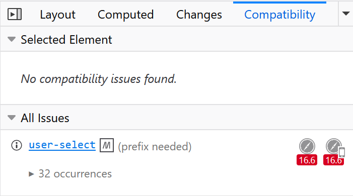 Firefox 開發工具中的 CSS 相容性工具抓圖
