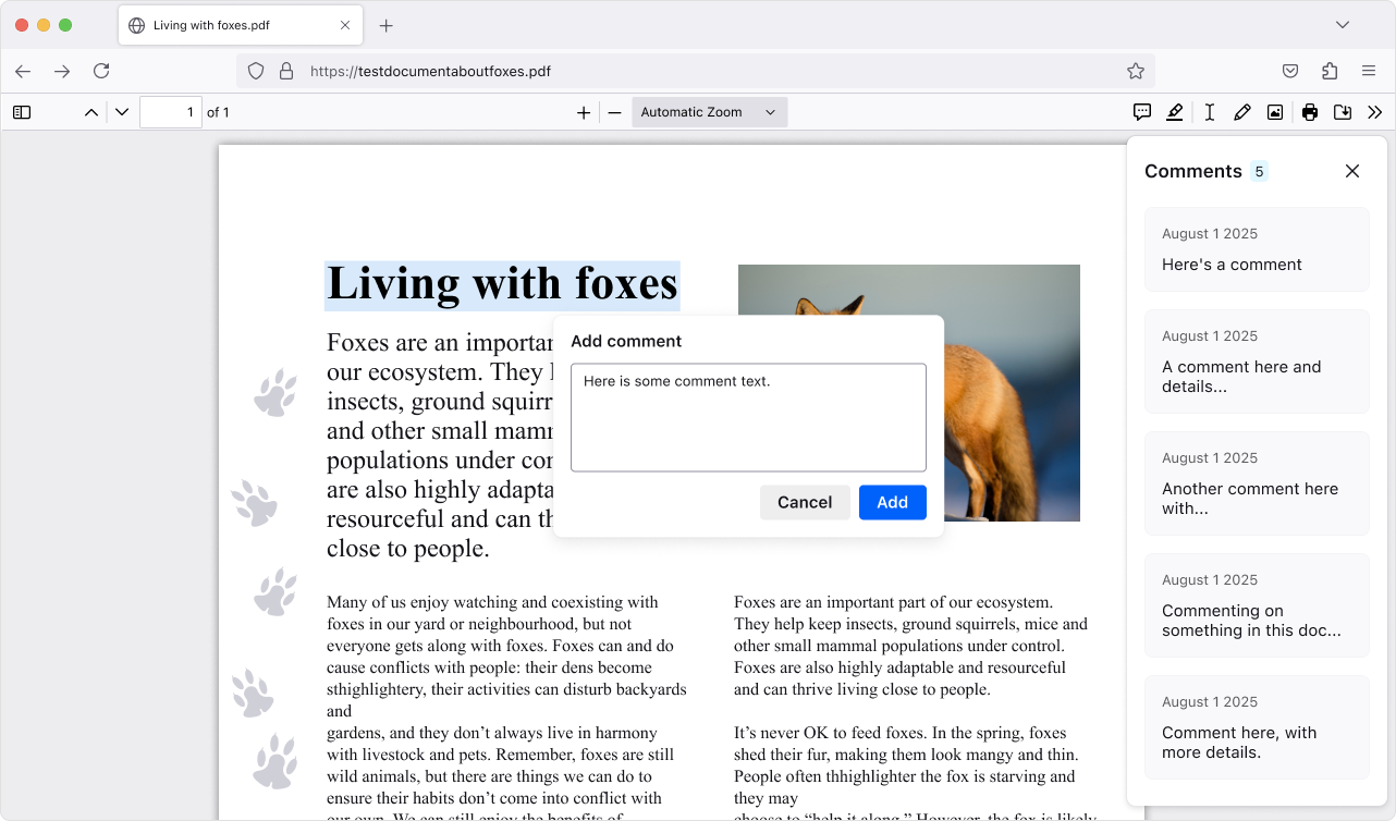 螢幕截圖：Firefox PDF 檢視器中的新增註解功能與註解側邊欄