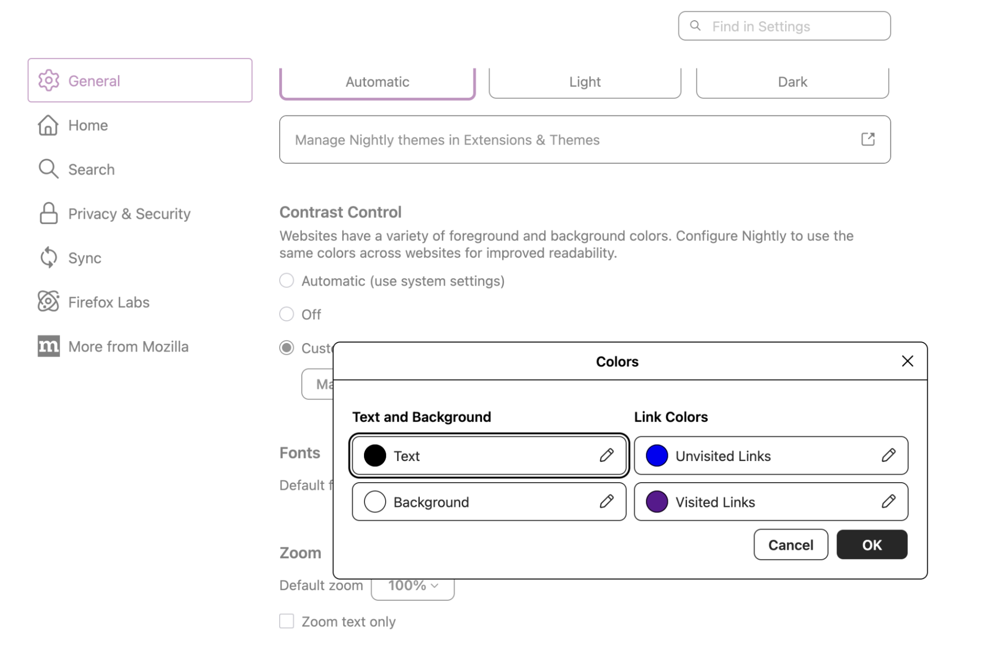 螢幕截圖：設定中「顏色」對話框與新的色彩選擇介面
