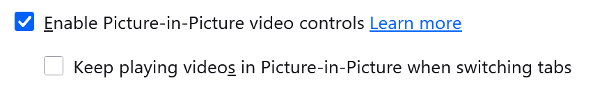 螢幕截圖：Firefox 設定中可啟用自動子母畫面功能